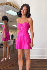 A-Line Fuchsia Homecoming Dress Strapless Pleated Short Prom Dress